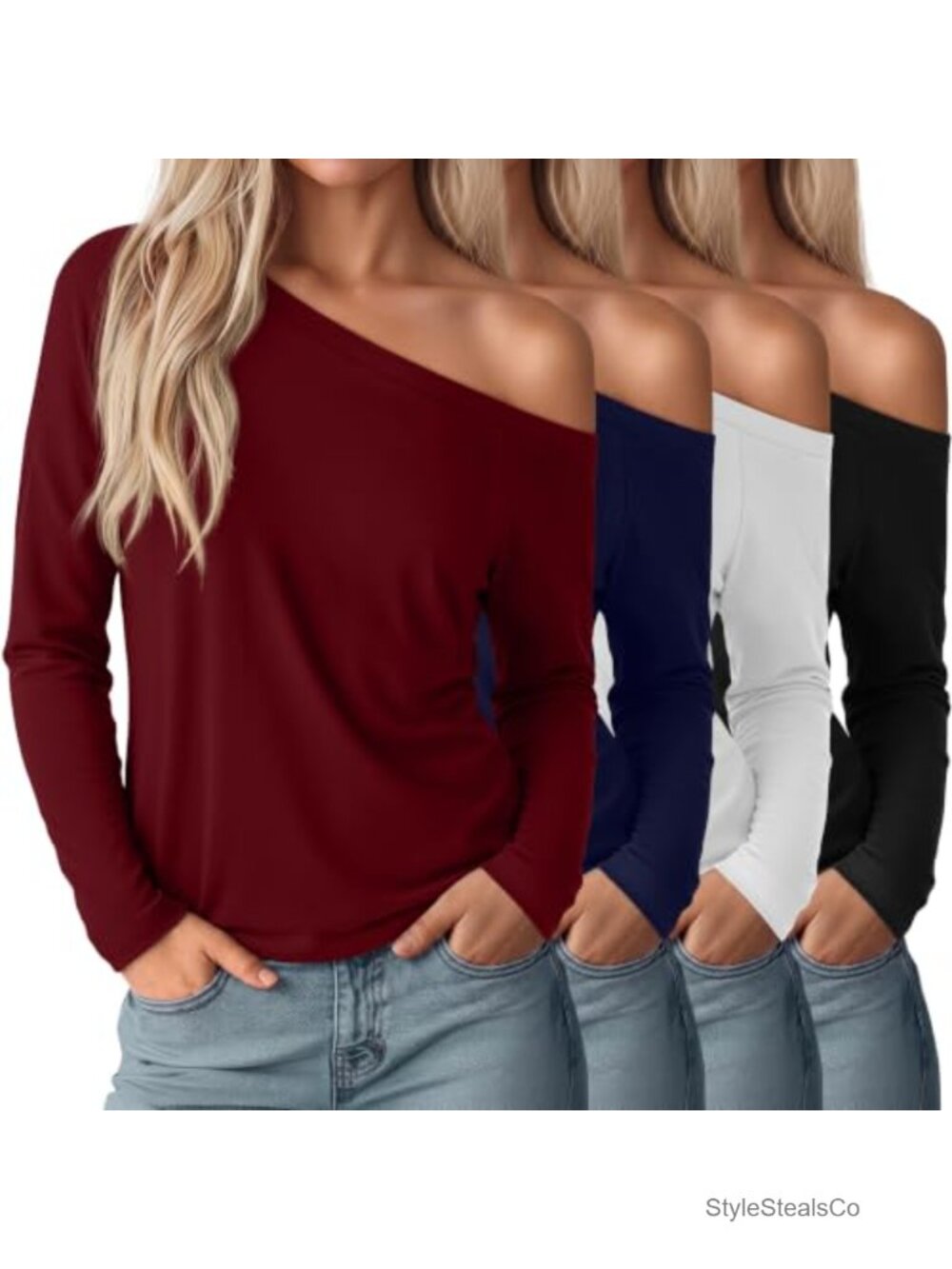 4 Pack Off Shoulder Long Sleeve Tops Women's Loose Fit Stretch Casual Tunic